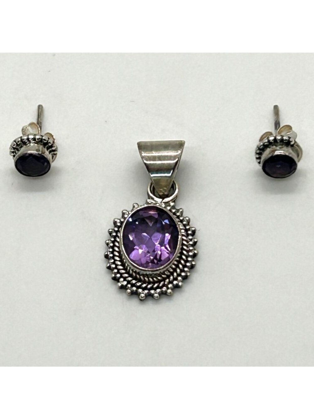 Sterling Silver Amethyst Pendant Earrings Set February Birthstone Minimalist